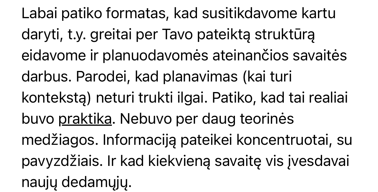 dalyvės atsiliepimas apie Planavimo praktiką